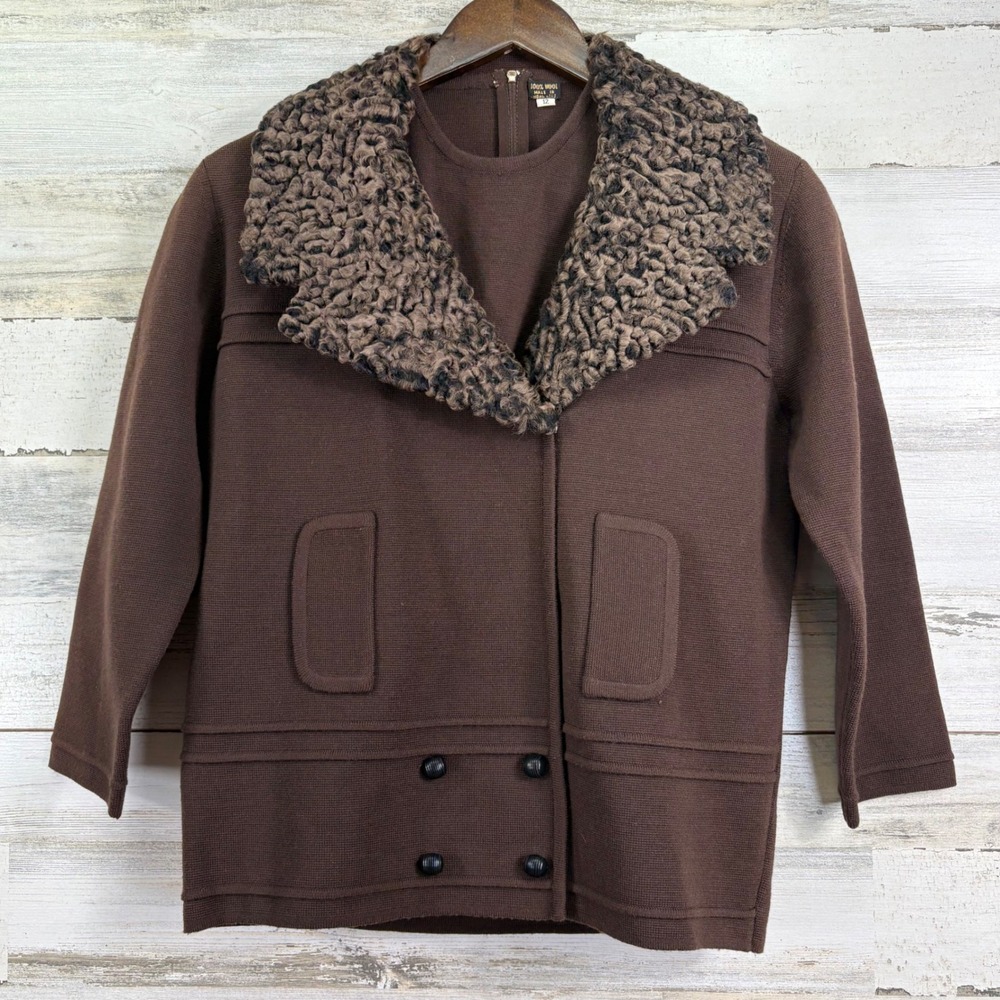 Riviera Intl Vintage 1960s Knit Wool Fur Collar Cardigan 2 Pc Twin Set Brown‎ 12
